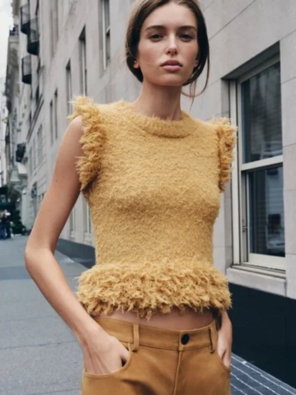 Zara Mustard Yellow Ruffle Trim Textured Fuzzy Knit Vest Top, Size Small